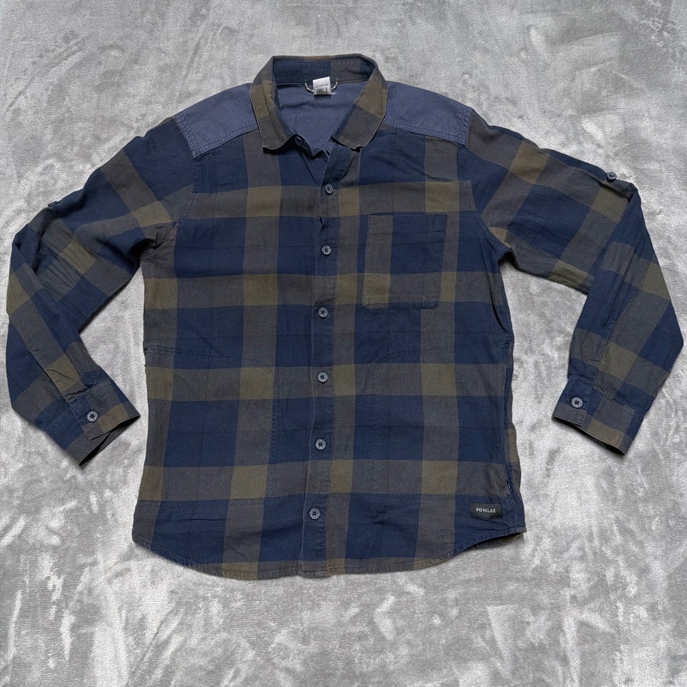 Forclaz Decathlon Plaid Button Down Shirt Mens Large Blue Green Hiking Outdoor